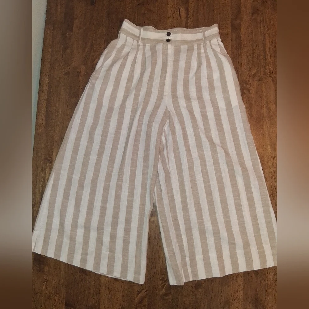 H&M White & Tan Linen Blend Stripe Cropped Wide Leg Pants 8